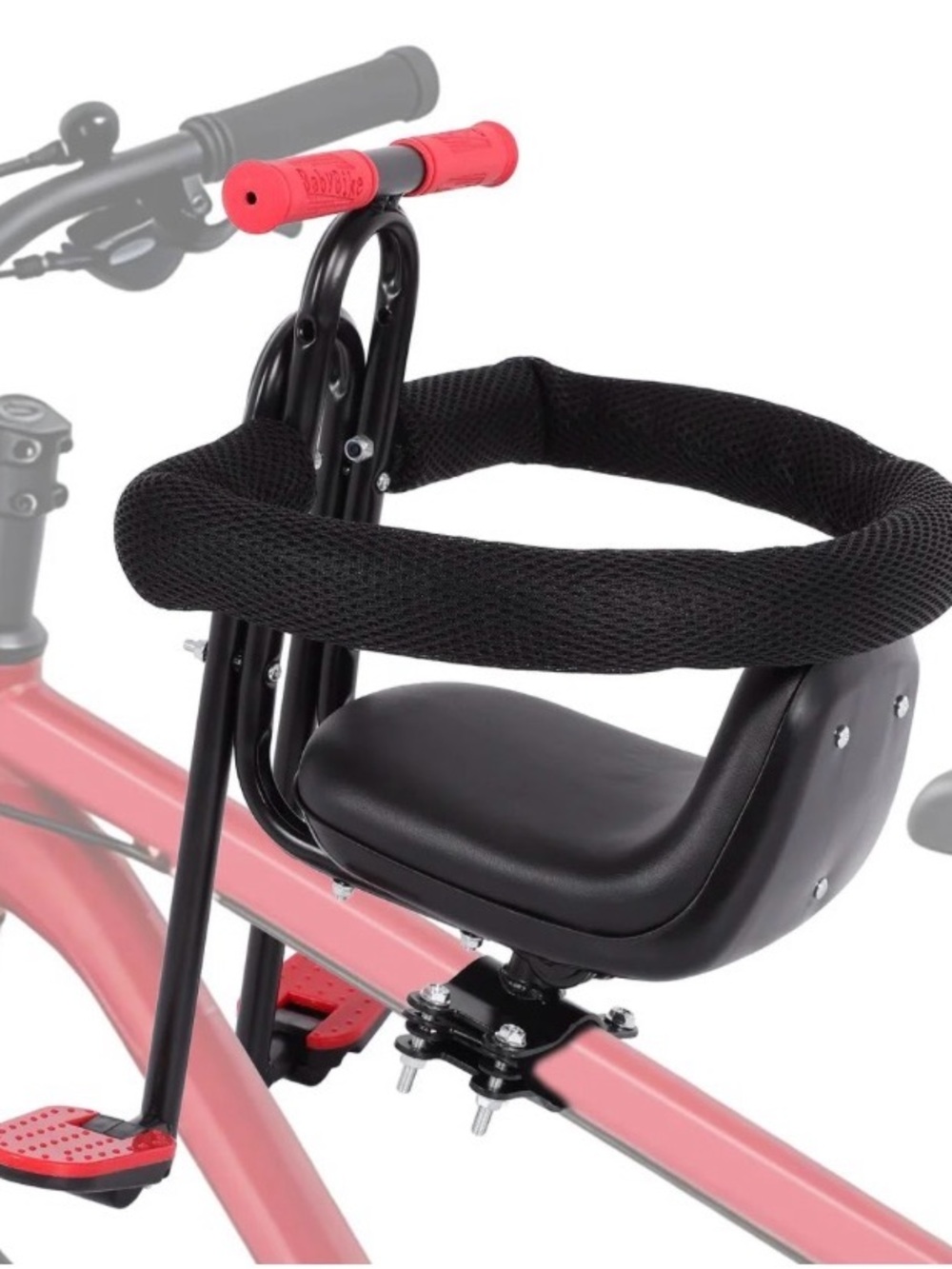 Kids Bike Front Seat with Black Padded Handle and Red Accents